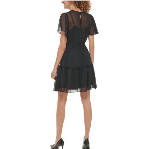 Karl Lagerfeld Paris NWT $129 Black Tiered Chiffon Dress Flutter Sleeves Size 14 - Picture 2 of 15